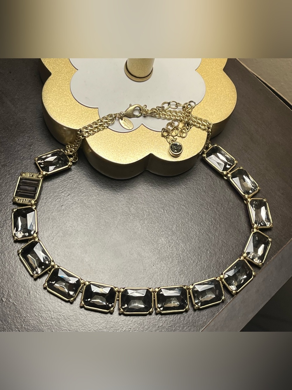 Lia Sophia Necklace Faceted Smoky Crystal Matte Gold Tone Chain like new - Picture 4 of 8